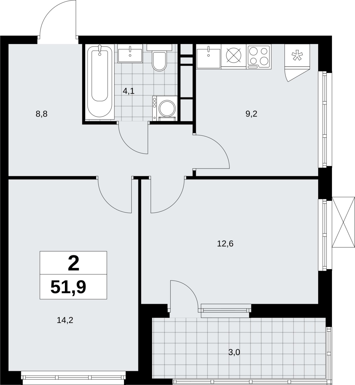 2-комнатная квартира без отделки, 51.9 м2, 10 этаж, сдача 4 квартал 2026 г., ЖК Скандинавия, корпус 2.18.1.2 - объявление 2350693 - фото №1