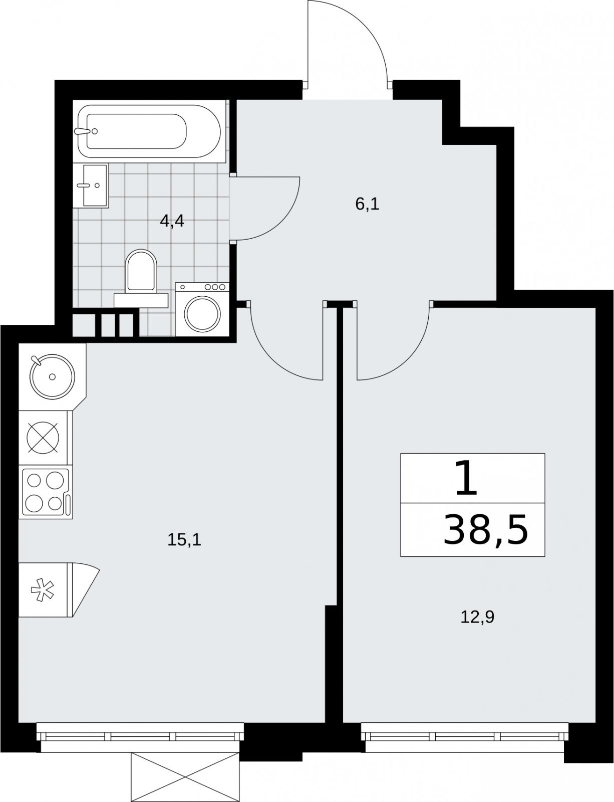 1-комнатная квартира без отделки, 38.5 м2, 3 этаж, сдача 2 квартал 2026 г., ЖК Бунинские кварталы, корпус 5.4 - объявление 2297827 - фото №1