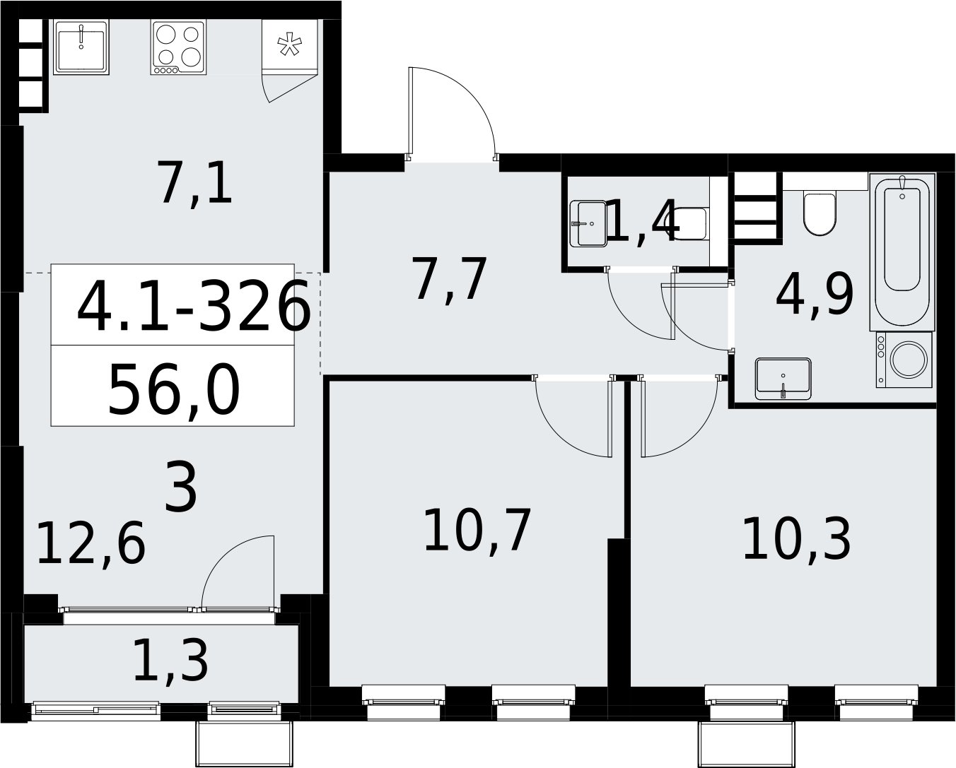 3-комнатная квартира (евро) с полной отделкой, 56 м2, 13 этаж, сдача 2 квартал 2027 г., ЖК Южные сады, корпус 4.1.2 - объявление 2392834 - фото №1