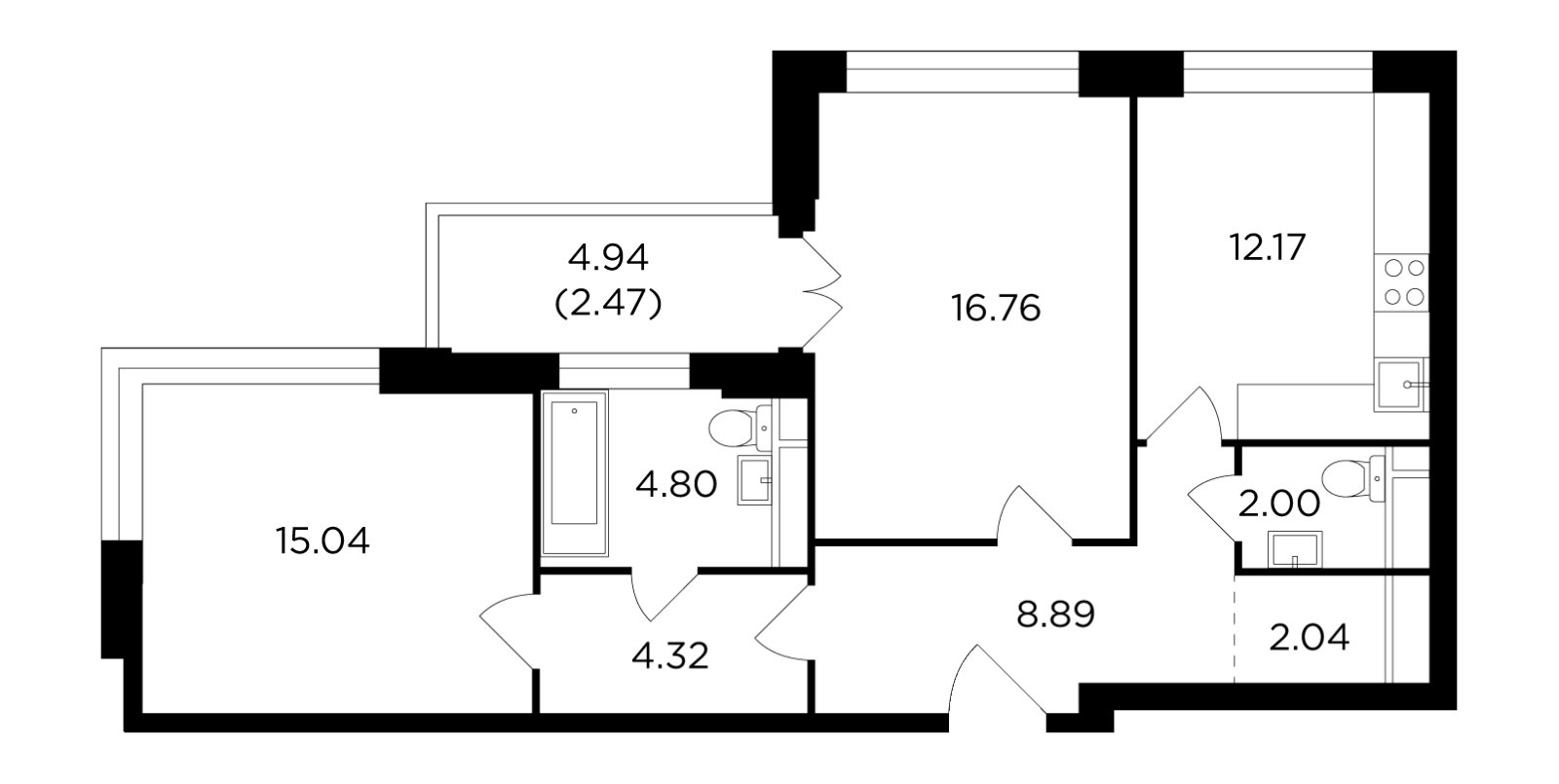 2-комнатная квартира без отделки, 68.77 м2, 27 этаж, дом сдан, ЖК RiverSky, корпус 3 - объявление 2351906 - фото №1