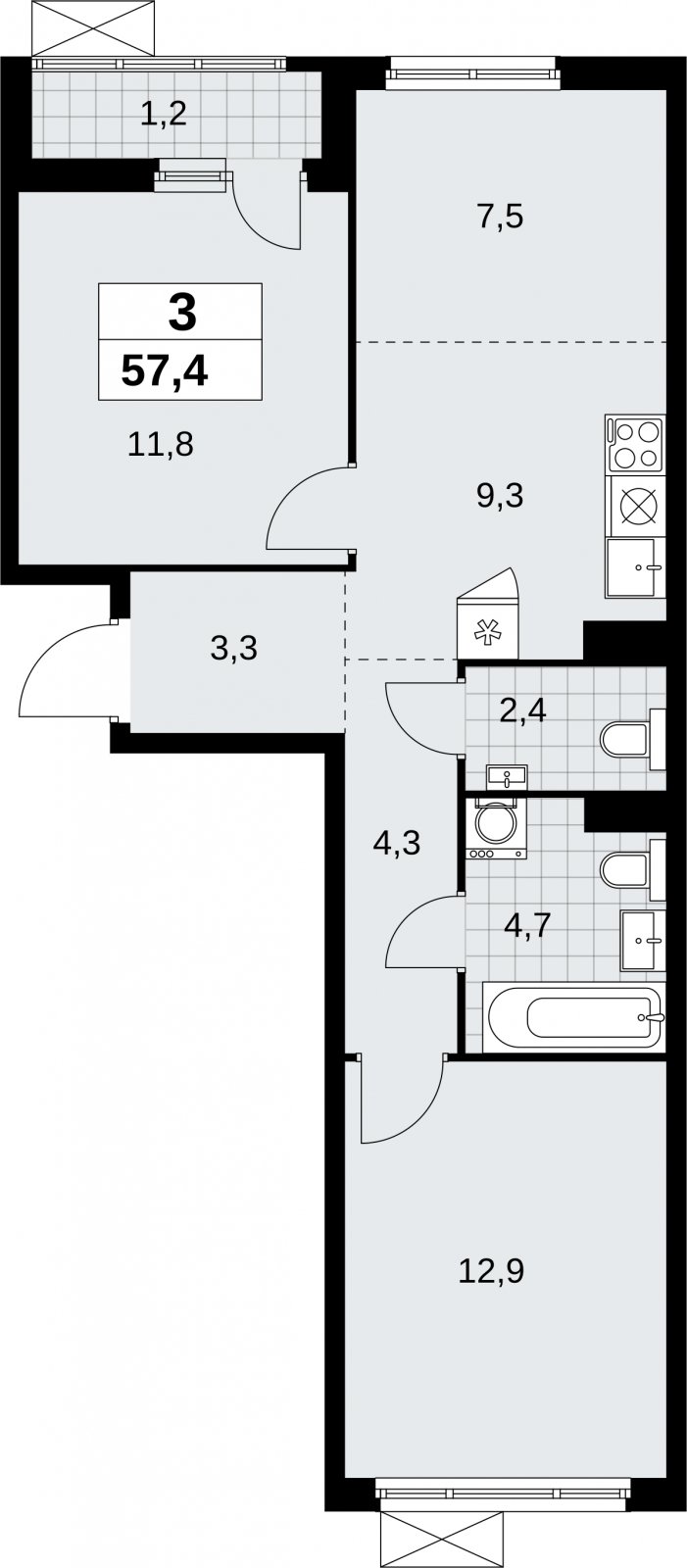 3-комнатная квартира (евро) с полной отделкой, 57.4 м2, 6 этаж, сдача 3 квартал 2026 г., ЖК Дзен-кварталы, корпус 6.1.3 - объявление 2327461 - фото №1