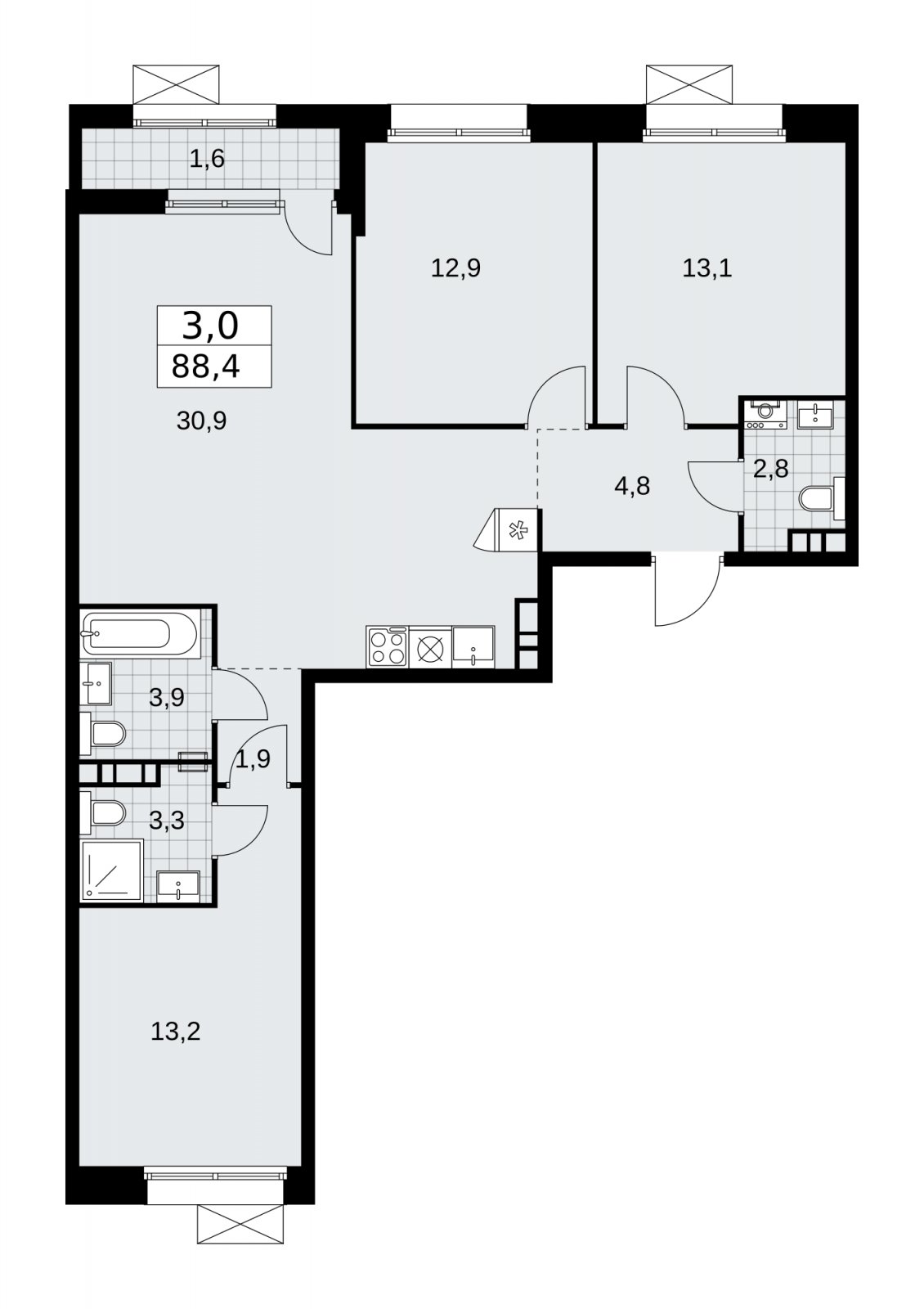 3-комнатная квартира с частичной отделкой, 88.4 м2, 4 этаж, сдача 1 квартал 2026 г., ЖК Бунинские кварталы, корпус 6.3 - объявление 2252652 - фото №1