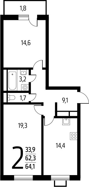 2-комнатная квартира с полной отделкой, 64.1 м2, 9 этаж, сдача 1 квартал 2025 г., ЖК Новые Ватутинки. Заречный, корпус 5/3 - объявление 2272149 - фото №1