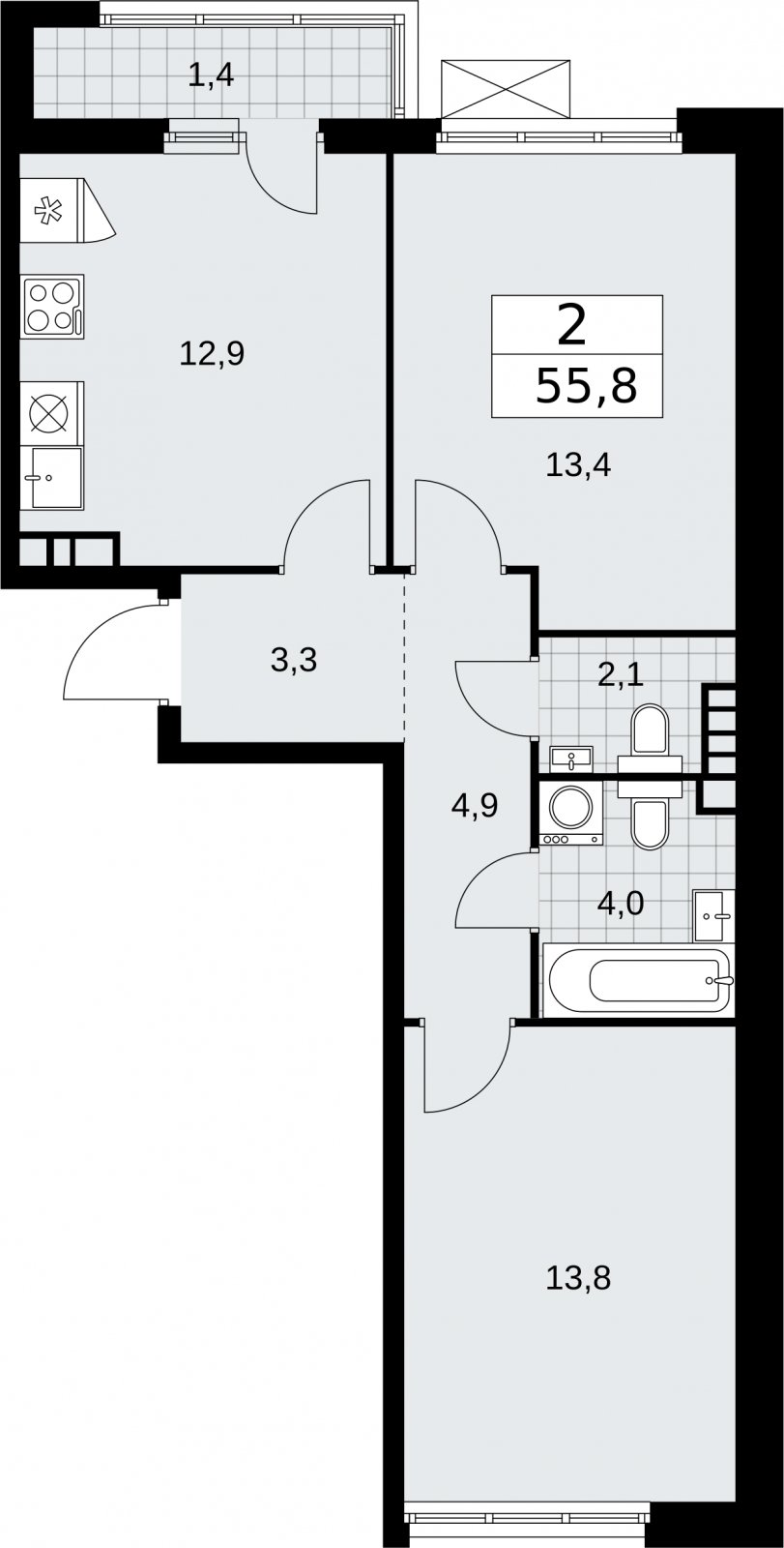 2-комнатная квартира с частичной отделкой, 55.8 м2, 4 этаж, сдача 2 квартал 2026 г., ЖК Бунинские кварталы, корпус 5.1 - объявление 2297250 - фото №1