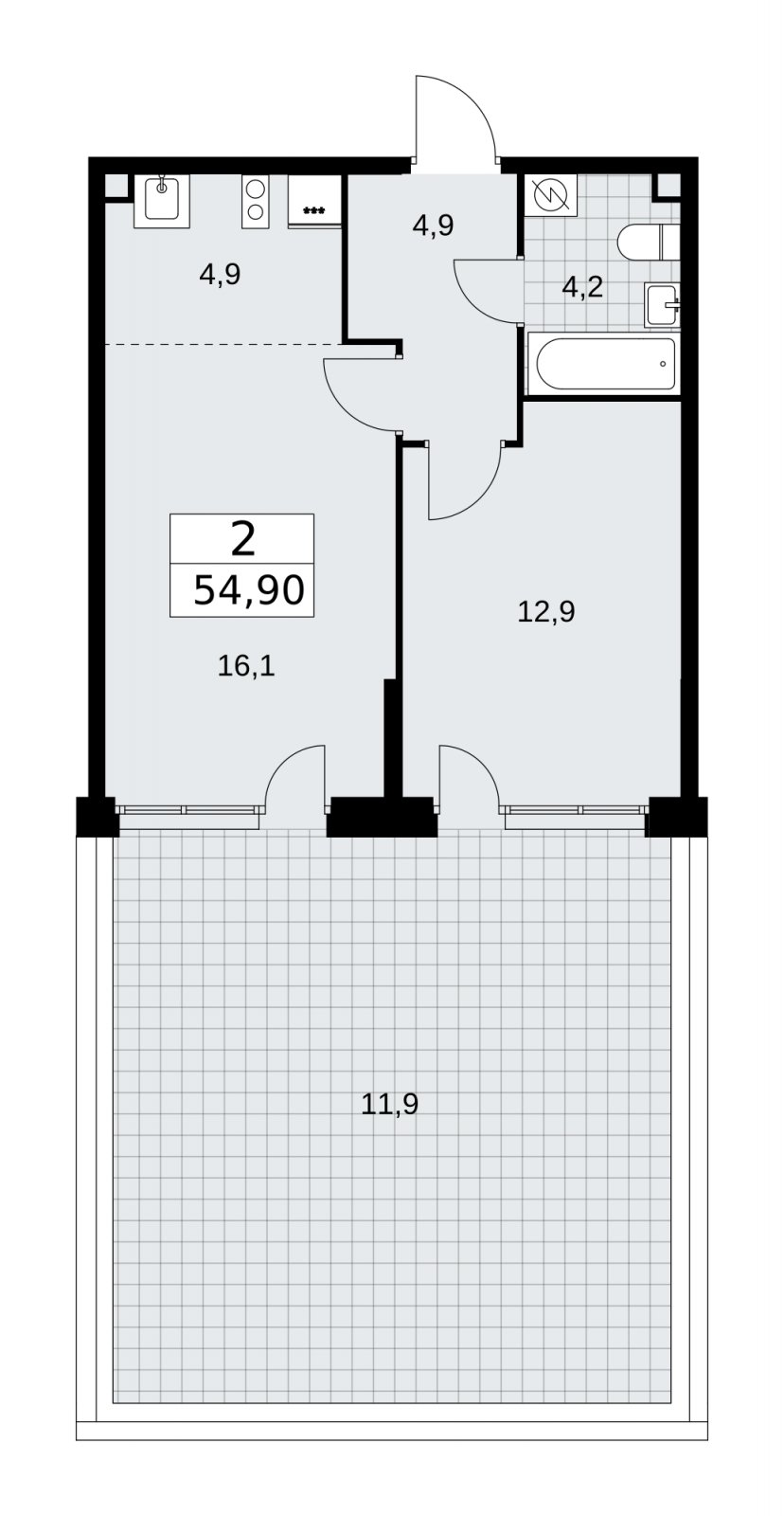 2-комнатная квартира (евро) с частичной отделкой, 54.9 м2, 2 этаж, сдача 4 квартал 2025 г., ЖК Бунинские кварталы, корпус 3.4 - объявление 2152036 - фото №1