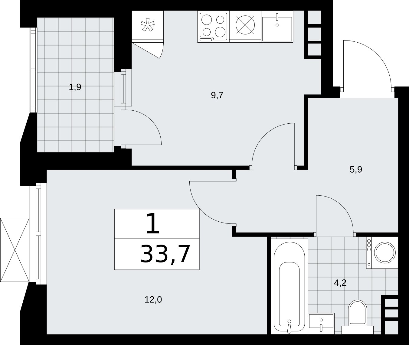 1-комнатная квартира без отделки, 33.7 м2, 10 этаж, сдача 2 квартал 2026 г., ЖК Бунинские кварталы, корпус 5.2 - объявление 2297376 - фото №1