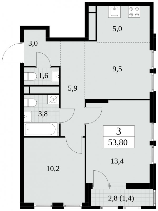 3-комнатная квартира (евро) без отделки, 53.8 м2, 9 этаж, сдача 2 квартал 2025 г., ЖК Южные сады, корпус 2.4 - объявление 1760217 - фото №1