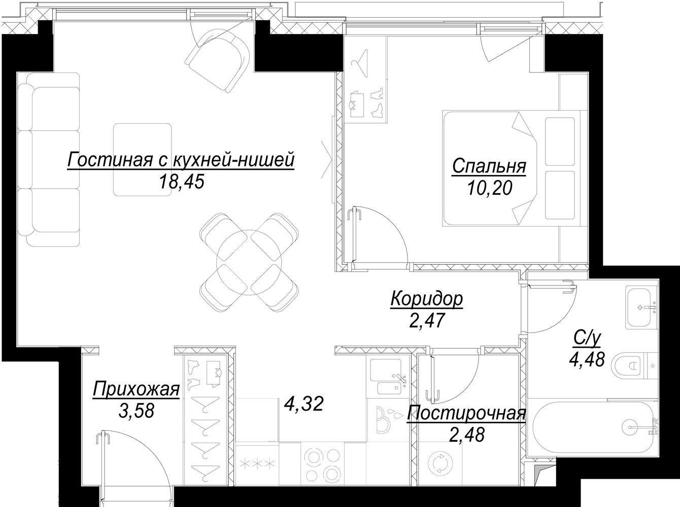 1-комнатная квартира с частичной отделкой, 46.09 м2, 13 этаж, дом сдан, ЖК Hide, корпус RiverSide - объявление 2336076 - фото №1