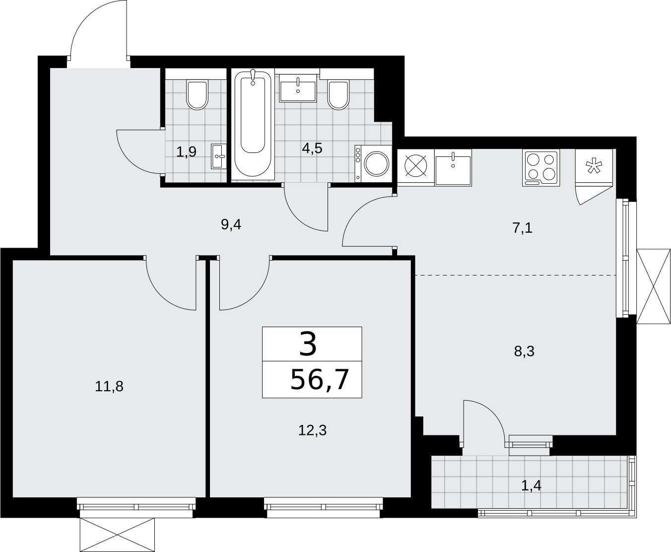 3-комнатная квартира (евро) с полной отделкой, 56.7 м2, 4 этаж, сдача 2 квартал 2026 г., ЖК Бунинские кварталы, корпус 7.1 - объявление 2319570 - фото №1