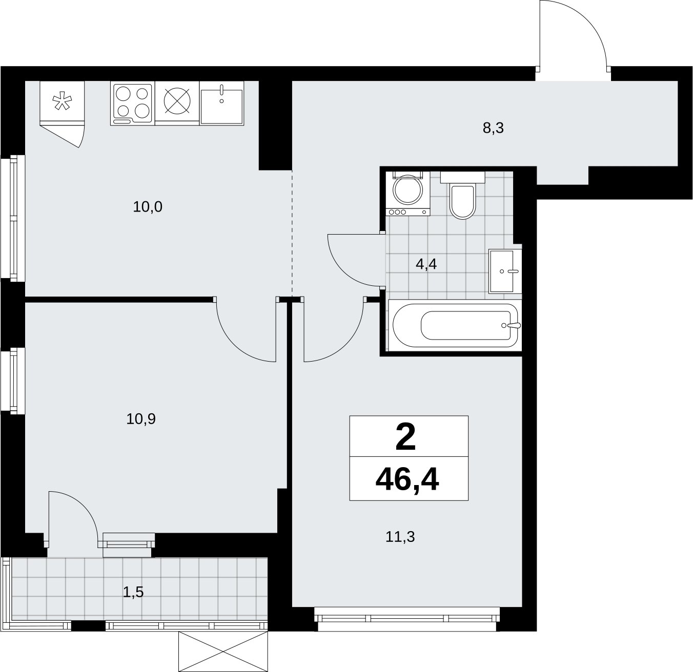 2-комнатная квартира с полной отделкой, 46.4 м2, 11 этаж, сдача 3 квартал 2026 г., ЖК Дзен-кварталы, корпус 6.1.3 - объявление 2327424 - фото №1