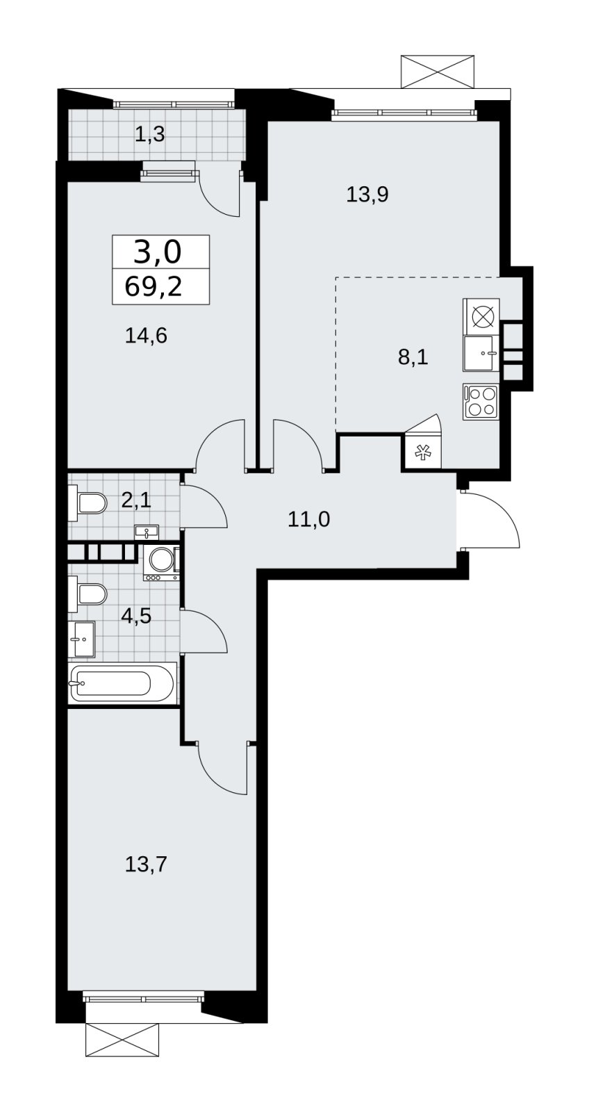 3-комнатная квартира (евро) с частичной отделкой, 69.2 м2, 4 этаж, сдача 1 квартал 2026 г., ЖК Бунинские кварталы, корпус 6.2 - объявление 2252582 - фото №1