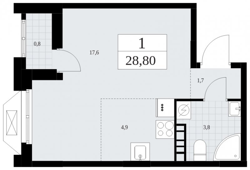 Студия без отделки, 28.8 м2, 4 этаж, сдача 1 квартал 2025 г., ЖК Бунинские кварталы, корпус 1.3 - объявление 1834849 - фото №1