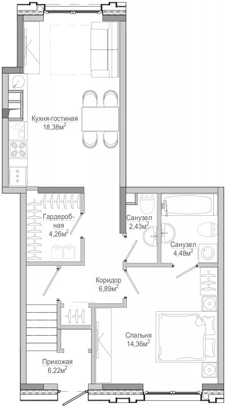 1-комнатная квартира с полной отделкой, 57.1 м2, 1 этаж, дом сдан, ЖК Селигер Сити, корпус Брюллов - объявление 1615577 - фото №1