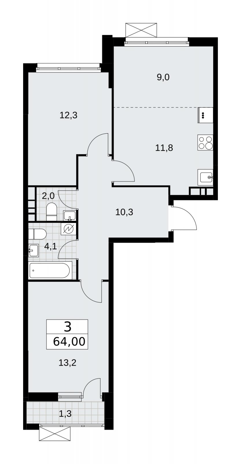 3-комнатная квартира (евро) без отделки, 64 м2, 6 этаж, сдача 3 квартал 2025 г., ЖК Скандинавия, корпус 28.1 - объявление 2201889 - фото №1