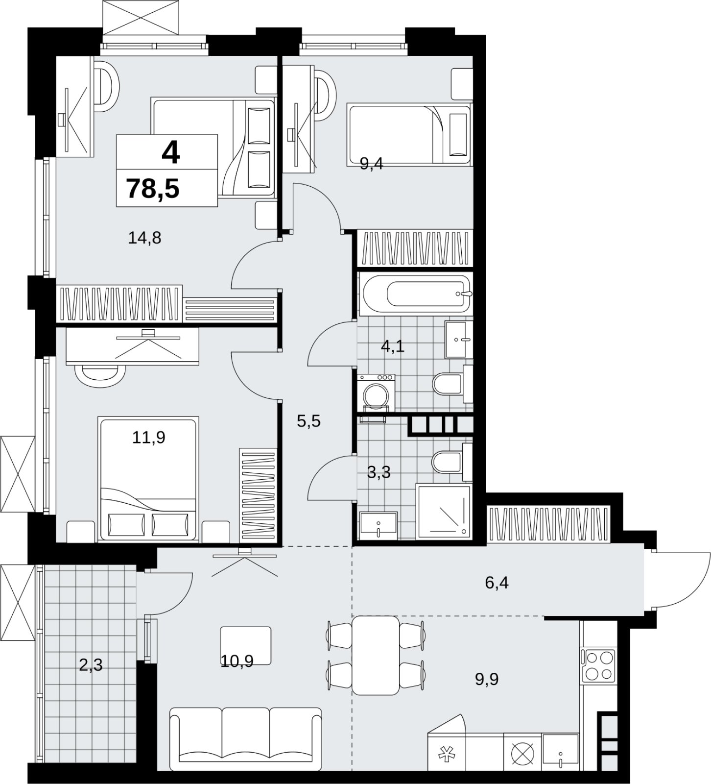 4-комнатная квартира (евро) с полной отделкой, 78.5 м2, 9 этаж, сдача 1 квартал 2027 г., ЖК Скандинавия, корпус 2.18.2.3 - объявление 2351392 - фото №1