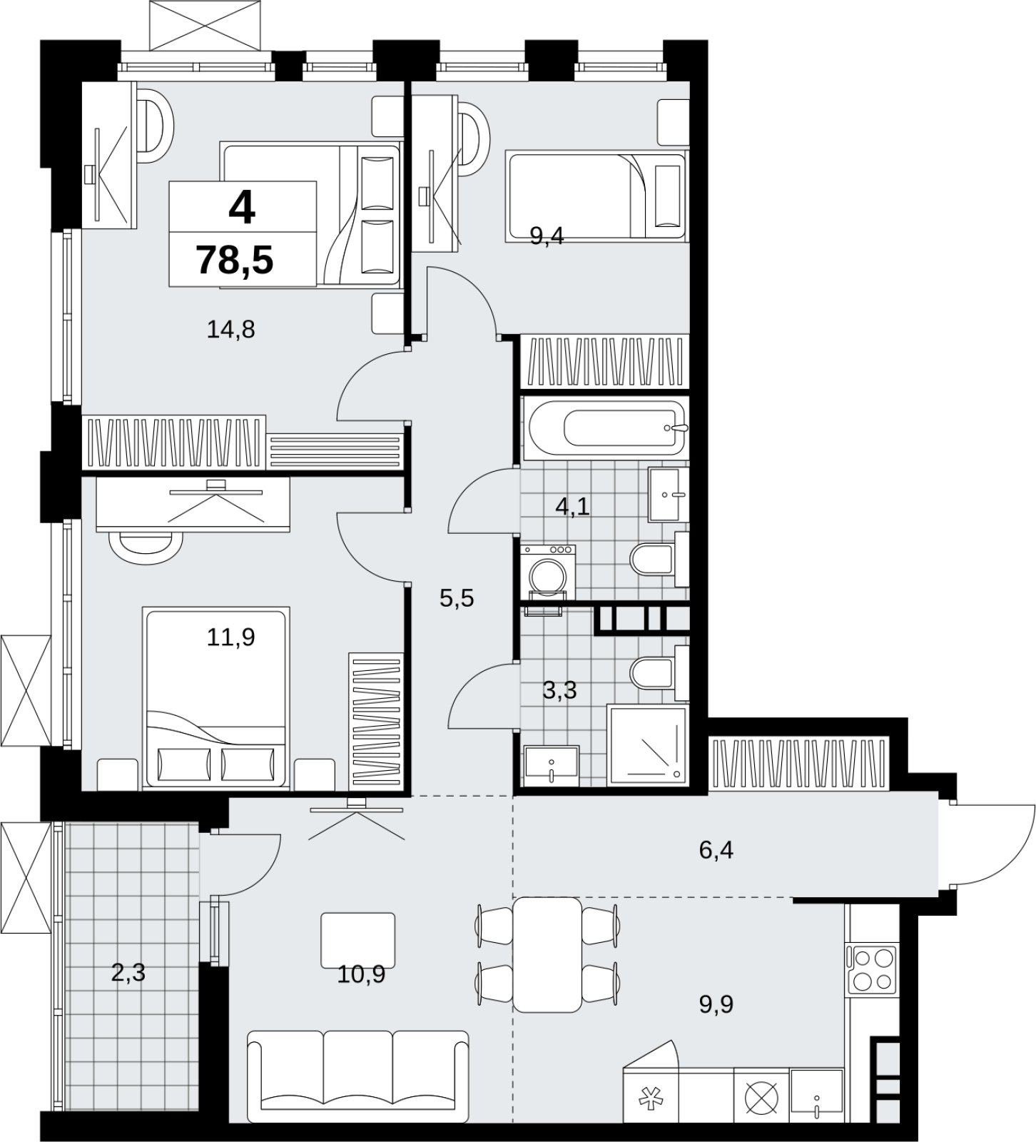 4-комнатная квартира (евро) без отделки, 78.5 м2, 11 этаж, сдача 4 квартал 2026 г., ЖК Скандинавия, корпус 2.18.2.6 - объявление 2351799 - фото №1