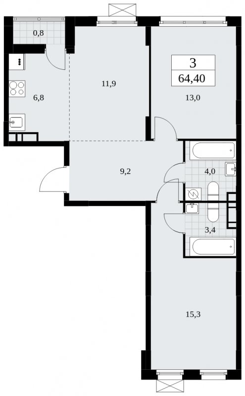 3-комнатная квартира (евро) без отделки, 64.4 м2, 7 этаж, сдача 1 квартал 2025 г., ЖК Дзен-кварталы, корпус 1.4 - объявление 1896143 - фото №1