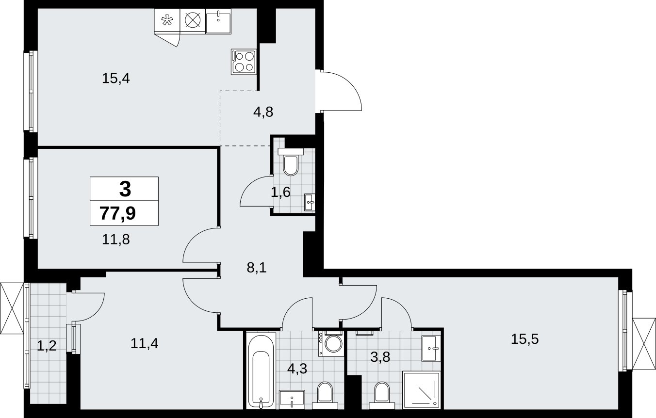 3-комнатная квартира без отделки, 77.9 м2, 6 этаж, сдача 1 квартал 2026 г., ЖК Дзен-кварталы, корпус 6.2.1 - объявление 2328475 - фото №1