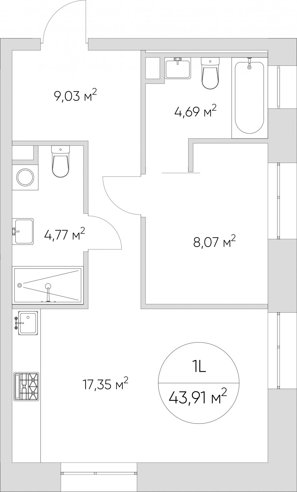 1-комнатные апартаменты без отделки, 43.91 м2, 4 этаж, дом сдан, ЖК N'ICE LOFT, корпус 1 - объявление 2406378 - фото №1