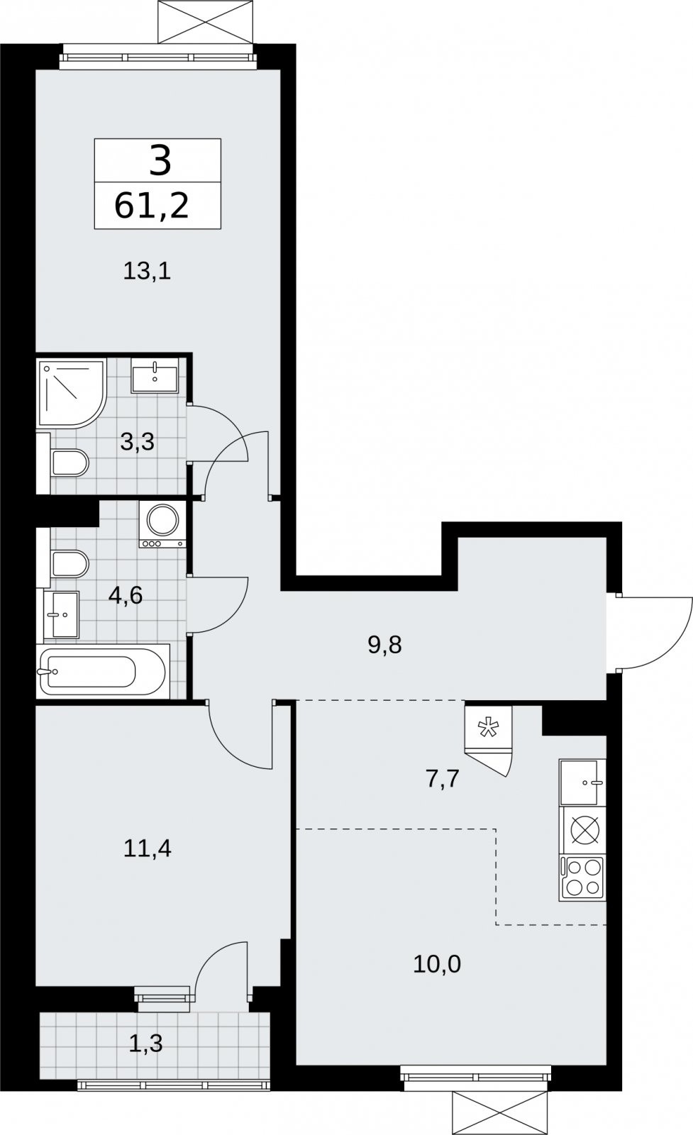 3-комнатная квартира (евро) без отделки, 61.2 м2, 4 этаж, сдача 2 квартал 2026 г., ЖК Бунинские кварталы, корпус 7.3 - объявление 2313652 - фото №1