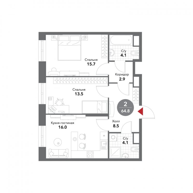 2-комнатные апартаменты без отделки, 64.8 м2, 16 этаж, сдача 3 квартал 2025 г., ЖК VOXHALL, корпус 4 - объявление 1793744 - фото №1