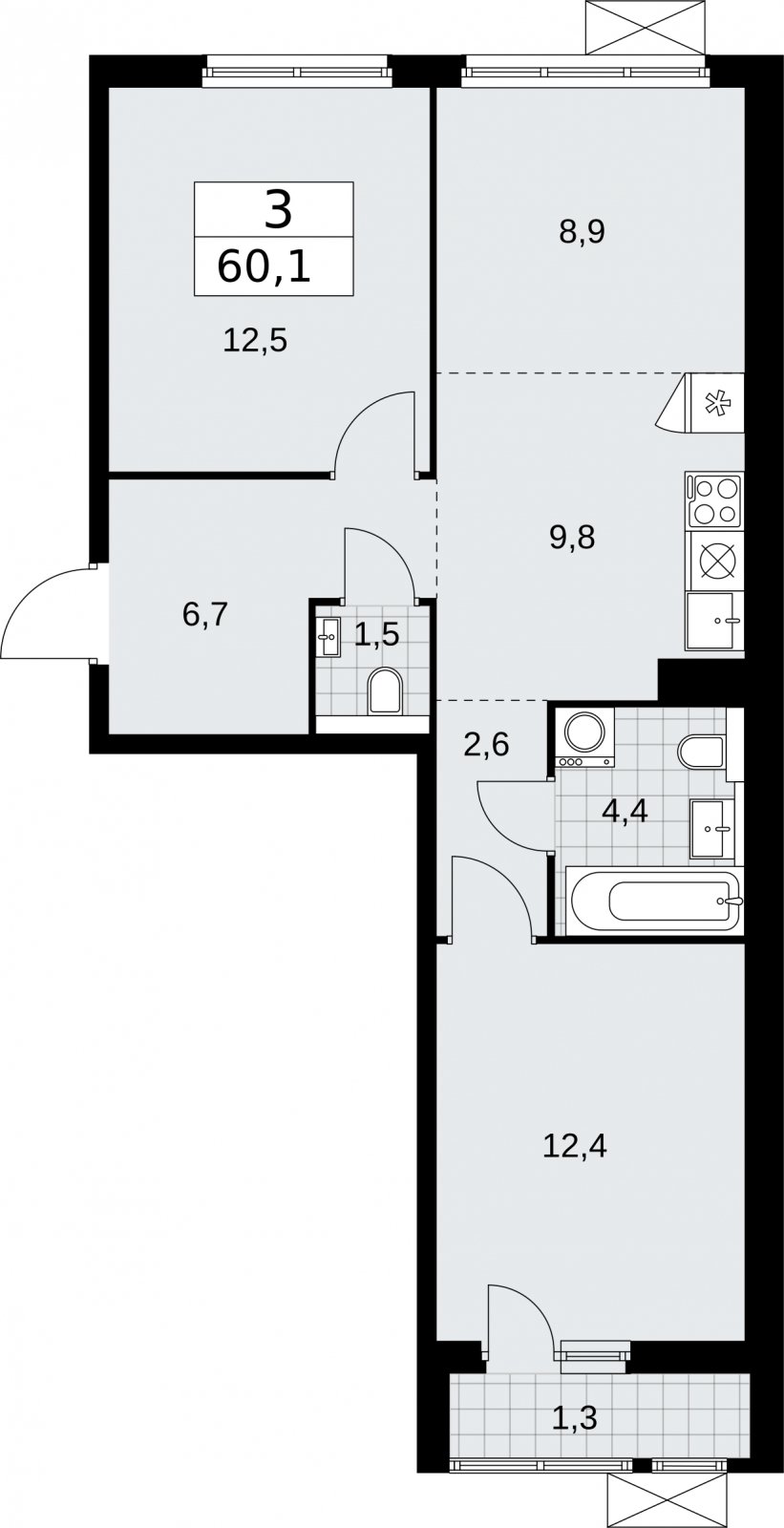 3-комнатная квартира (евро) без отделки, 60.1 м2, 4 этаж, сдача 2 квартал 2026 г., ЖК Бунинские кварталы, корпус 7.3 - объявление 2313904 - фото №1
