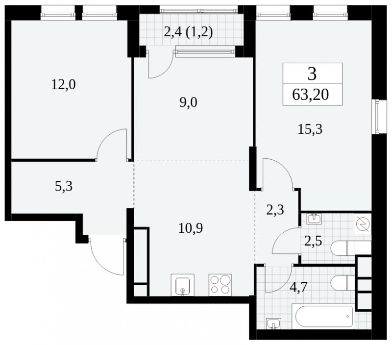 3-комнатная квартира (евро) с полной отделкой, 63.2 м2, 20 этаж, сдача 2 квартал 2025 г., ЖК Южные сады, корпус 2.1 - объявление 1760033 - фото №1