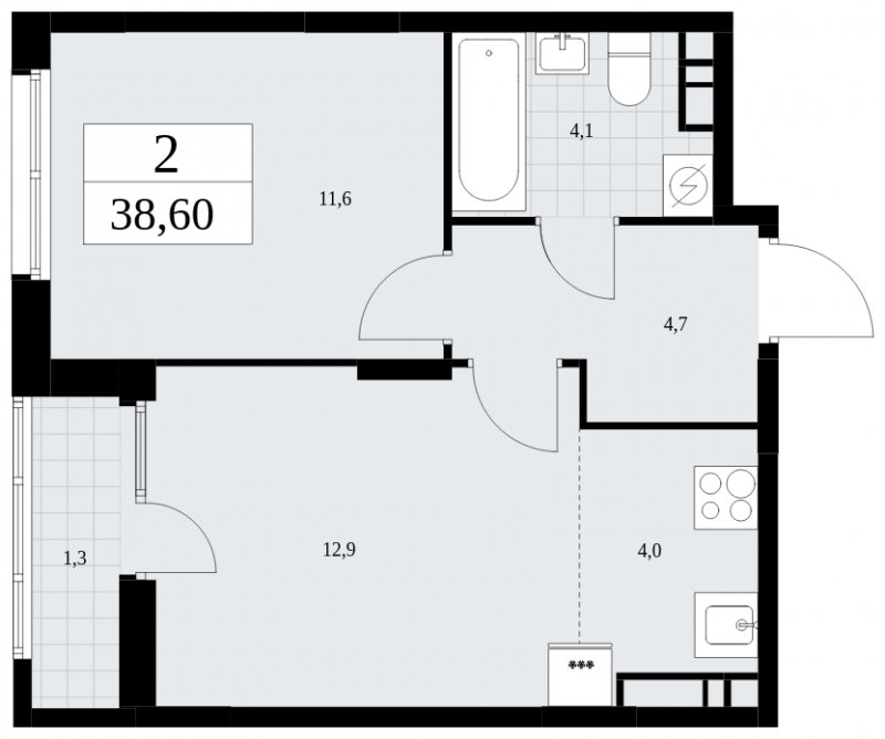 2-комнатная квартира (евро) с частичной отделкой, 38.6 м2, 10 этаж, сдача 1 квартал 2025 г., ЖК Дзен-кварталы, корпус 1.2 - объявление 1895800 - фото №1