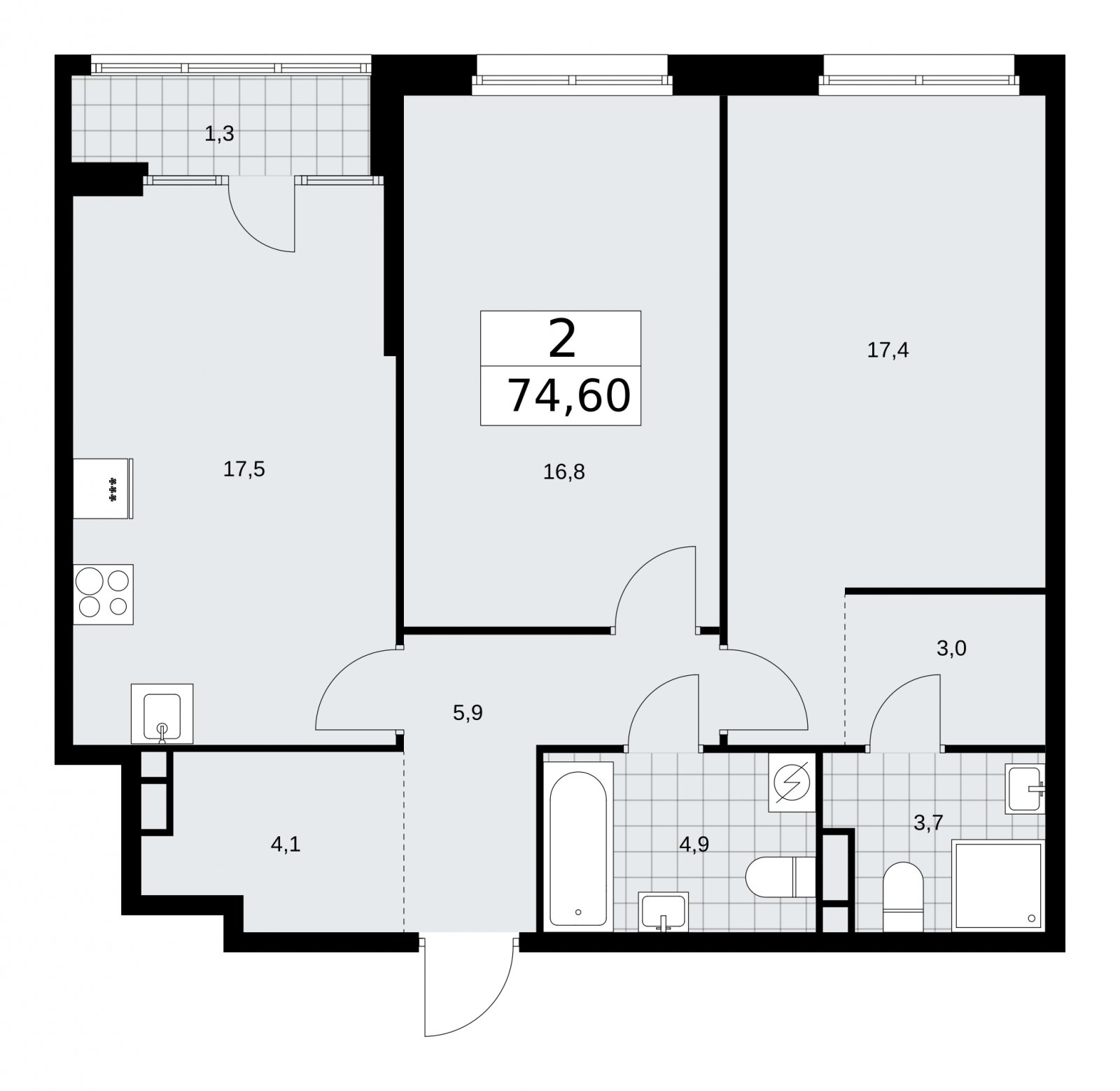 2-комнатная квартира с частичной отделкой, 74.6 м2, 8 этаж, сдача 1 квартал 2026 г., ЖК Дом на Зорге, корпус 25 - объявление 2221059 - фото №1