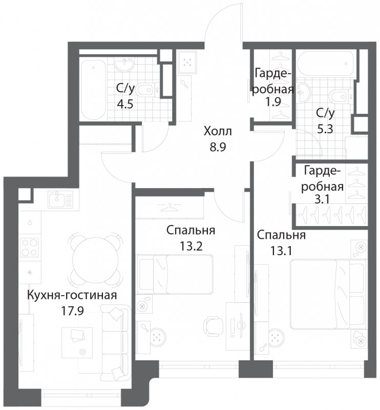 2-комнатная квартира без отделки, 67.9 м2, 19 этаж, сдача 3 квартал 2025 г., ЖК Nagatino i-Land, корпус 2 (3 очередь) - объявление 1786809 - фото №1