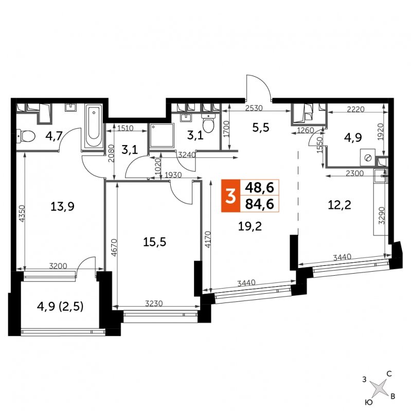 3-комнатная квартира с частичной отделкой, 84.6 м2, 22 этаж, сдача 4 квартал 2024 г., ЖК ROTTERDAM, корпус 2.1 - объявление 1696606 - фото №1