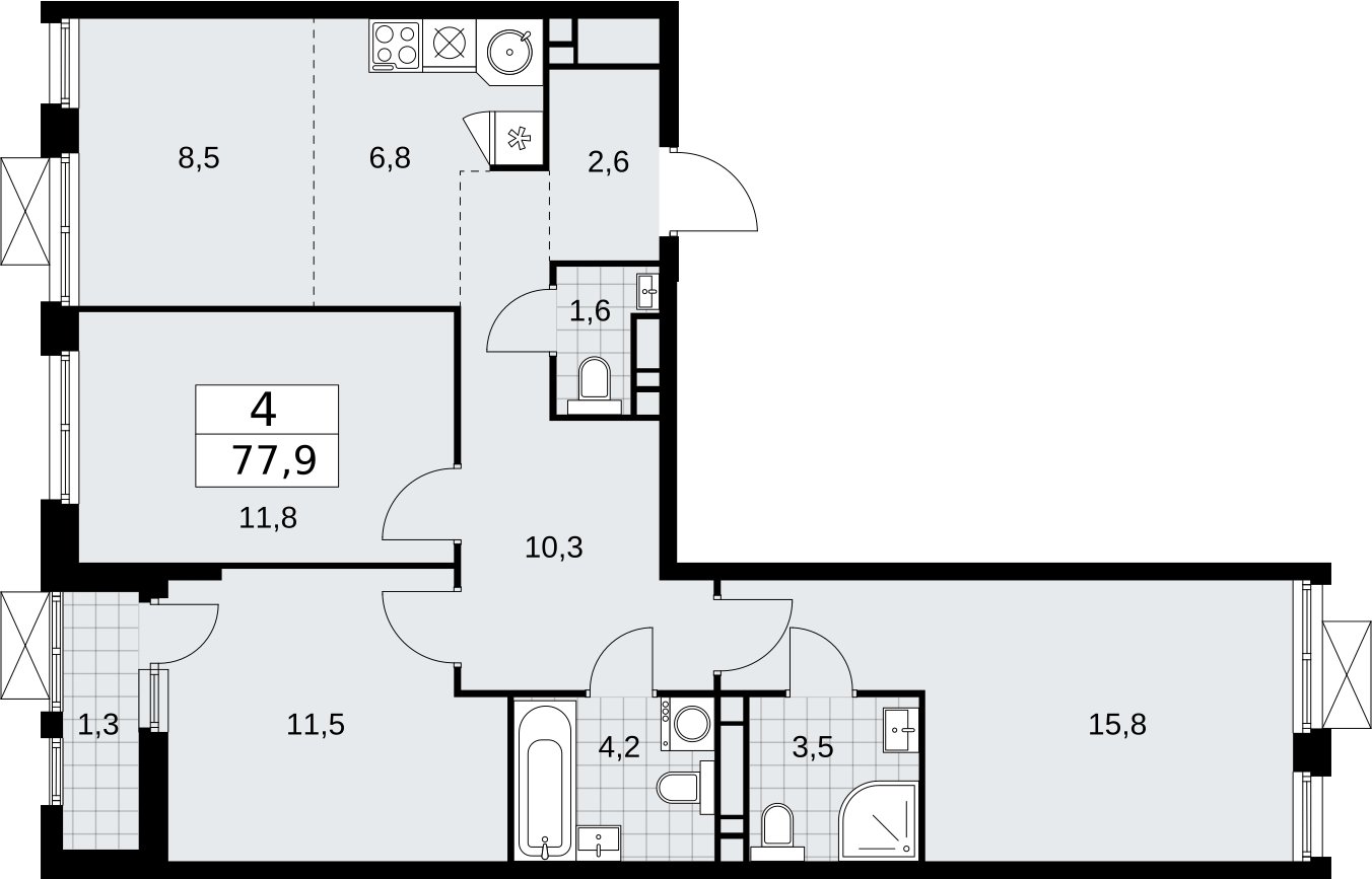 4-комнатная квартира (евро) с частичной отделкой, 77.9 м2, 17 этаж, сдача 2 квартал 2026 г., ЖК Бунинские кварталы, корпус 5.1 - объявление 2297092 - фото №1