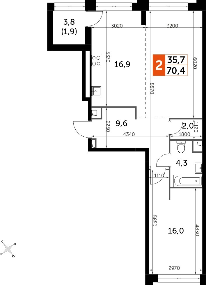2-комнатная квартира с частичной отделкой, 70.4 м2, 26 этаж, дом сдан, ЖК Sydney City, корпус 1 - объявление 2232975 - фото №1