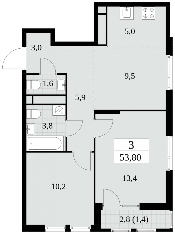 3-комнатная квартира (евро) без отделки, 53.8 м2, 6 этаж, сдача 2 квартал 2025 г., ЖК Южные сады, корпус 2.4 - объявление 1760199 - фото №1