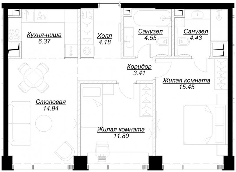 2-комнатная квартира с частичной отделкой, 65.01 м2, 29 этаж, сдача 4 квартал 2024 г., ЖК MOD, корпус Mod.D - объявление 1788393 - фото №1