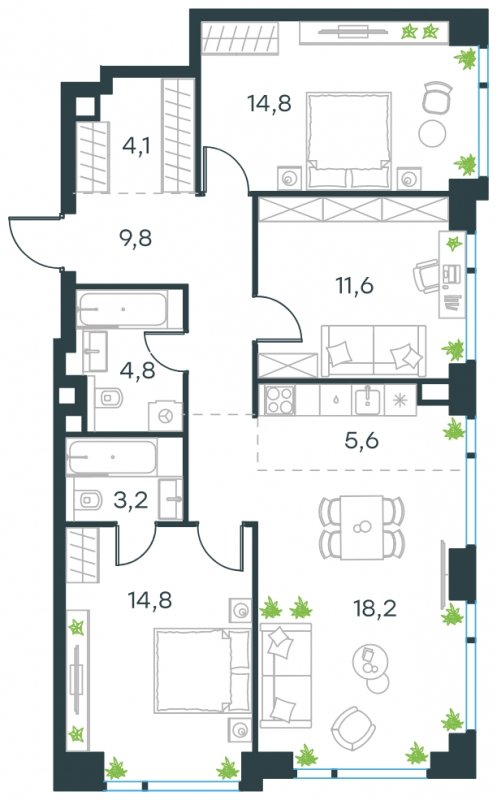 4-комнатная квартира без отделки, 86.9 м2, 30 этаж, сдача 4 квартал 2024 г., ЖК Level Мичуринский, корпус 4 - объявление 1697243 - фото №1