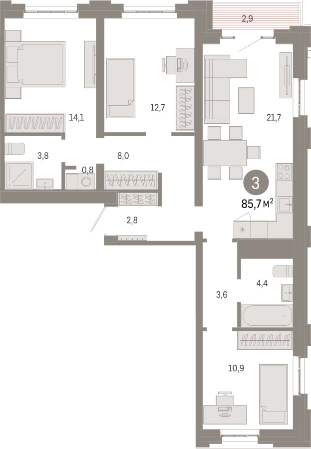 3-комнатная квартира с частичной отделкой, 85.7 м2, 3 этаж, сдача 3 квартал 2026 г., ЖК Квартал Метроном, корпус 1 - объявление 2331030 - фото №1