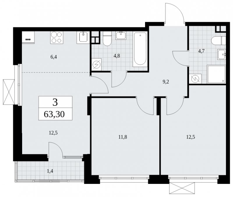 3-комнатная квартира (евро) с частичной отделкой, 63.3 м2, 3 этаж, сдача 4 квартал 2024 г., ЖК Бунинские кварталы, корпус 2.1 - объявление 1882304 - фото №1