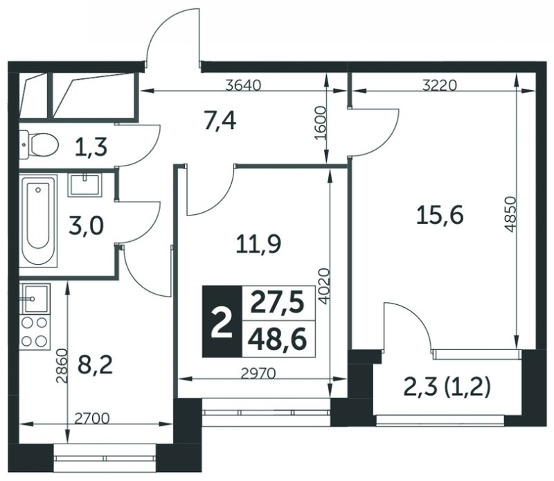 2-комнатная квартира без отделки, 48.3 м2, 16 этаж, сдача 2 квартал 2022 г., ЖК Датский квартал, корпус 4 - объявление 1695707 - фото №1