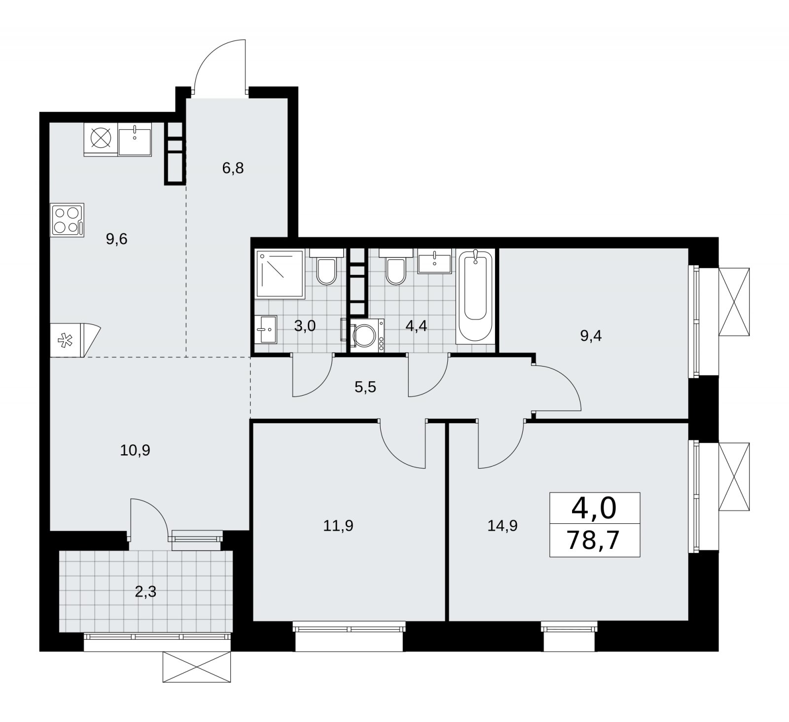 4-комнатная квартира (евро) с частичной отделкой, 78.7 м2, 18 этаж, сдача 1 квартал 2026 г., ЖК Бунинские кварталы, корпус 6.1 - объявление 2252505 - фото №1