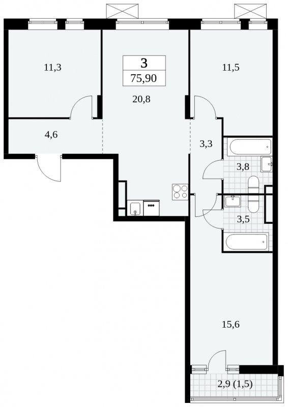 3-комнатная квартира с частичной отделкой, 75.9 м2, 9 этаж, сдача 3 квартал 2024 г., ЖК Прокшино, корпус 8.2 - объявление 1683847 - фото №1