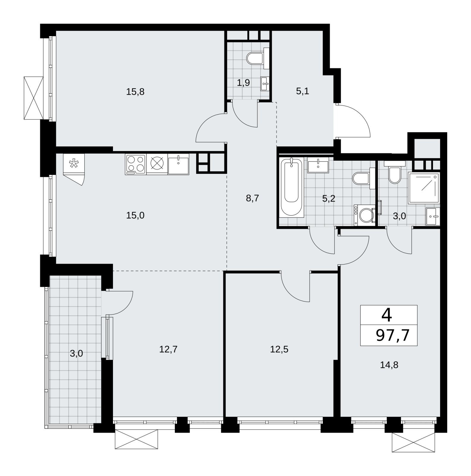 4-комнатная квартира (евро) без отделки, 97.7 м2, 9 этаж, сдача 2 квартал 2026 г., ЖК Скандинавия, корпус 25.6 - объявление 2284281 - фото №1