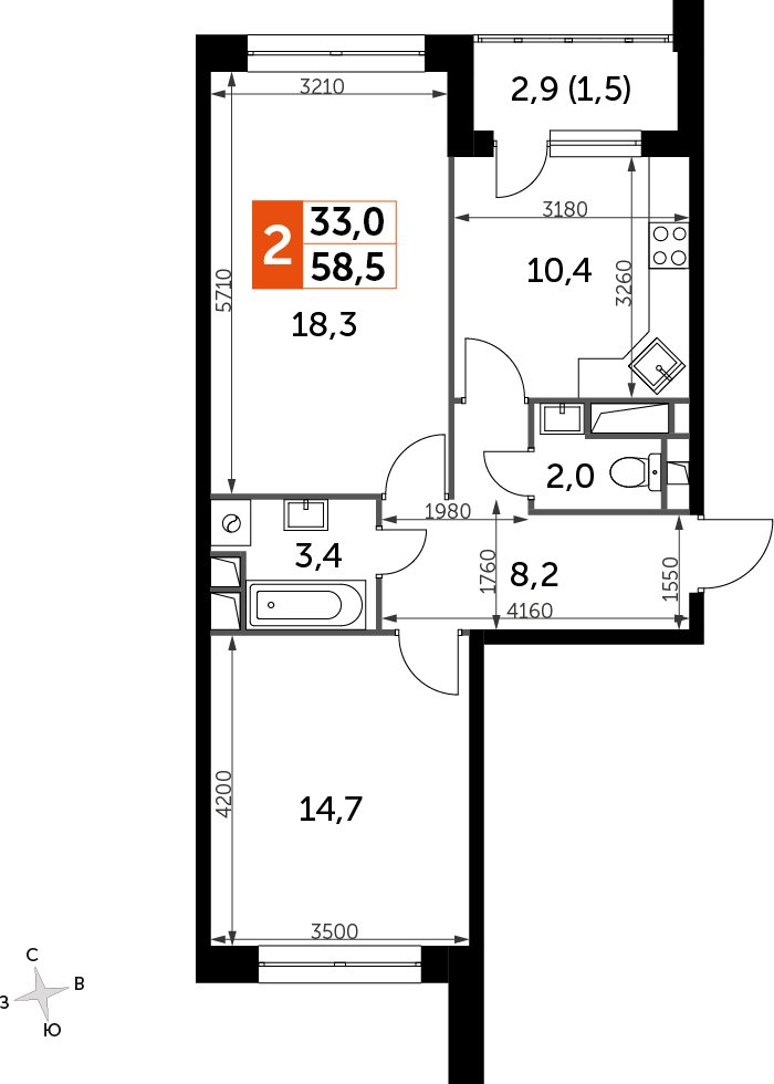 2-комнатная квартира без отделки, 58.4 м2, 8 этаж, дом сдан, ЖК Датский квартал, корпус 2 - объявление 2396397 - фото №1