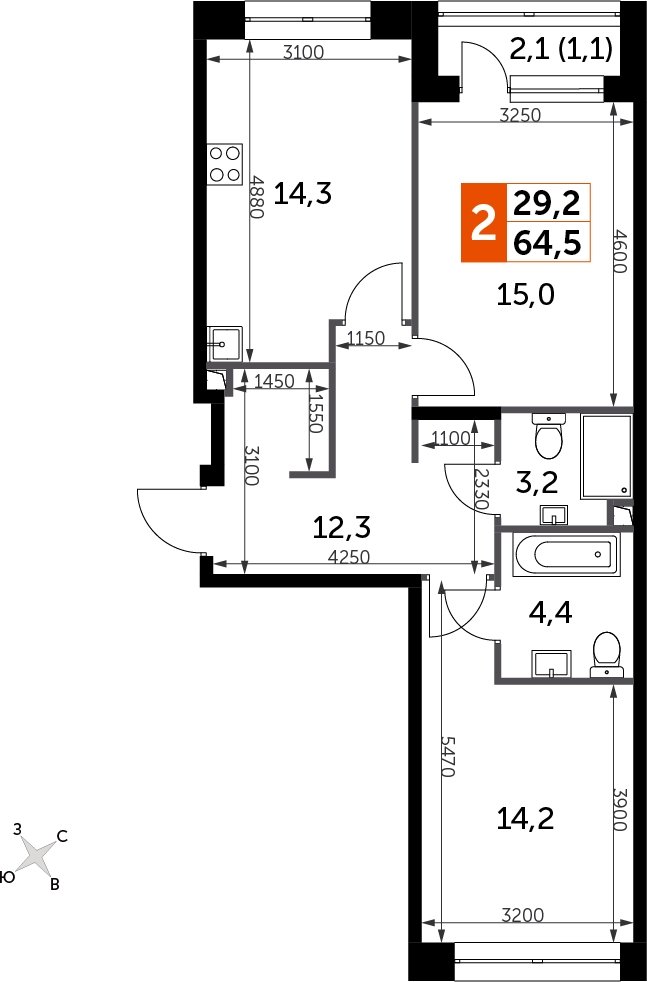 2-комнатная квартира с полной отделкой, 64.5 м2, 4 этаж, сдача 3 квартал 2024 г., ЖК Sydney City, корпус 2.1 - объявление 2207311 - фото №1