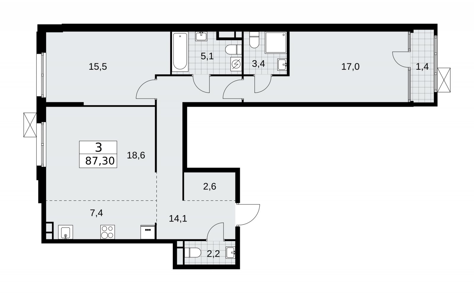 3-комнатная квартира (евро) с частичной отделкой, 87.3 м2, 6 этаж, сдача 1 квартал 2026 г., ЖК Дом на Зорге, корпус 25 - объявление 2221024 - фото №1