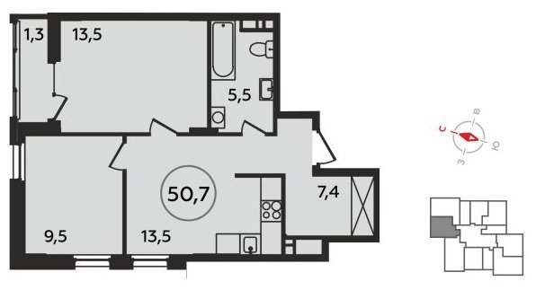 2-комнатная квартира с полной отделкой, 50.7 м2, 12 этаж, сдача 1 квартал 2023 г., ЖК Прокшино, корпус 1.3 - объявление 1682482 - фото №1