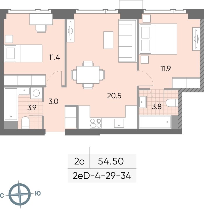 2-комнатная квартира 54.5 м2, 30 этаж, сдача 2 квартал 2026 г., ЖК WAVE, корпус 1 - объявление 2219545 - фото №1