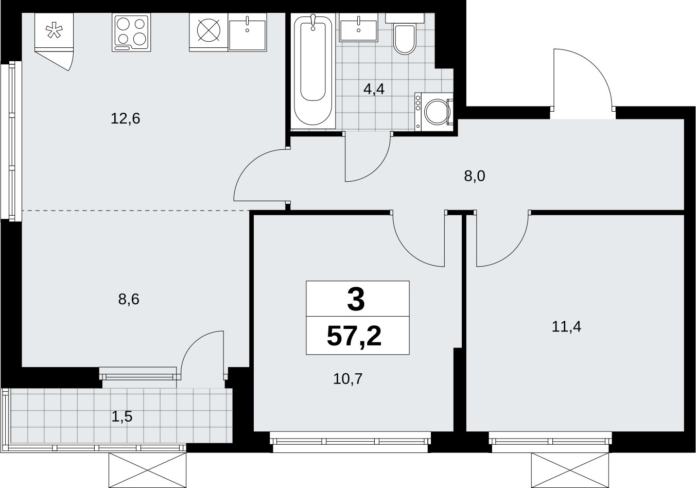 3-комнатная квартира (евро) без отделки, 57.2 м2, 2 этаж, сдача 1 квартал 2026 г., ЖК Дзен-кварталы, корпус 6.2.1 - объявление 2328305 - фото №1