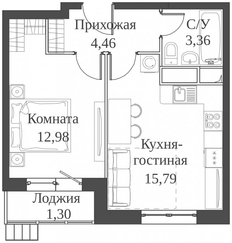 2-комнатная квартира (евро) с частичной отделкой, 37.89 м2, 14 этаж, сдача 2 квартал 2023 г., ЖК Аквилон Митино, корпус 4 - объявление 1745879 - фото №1