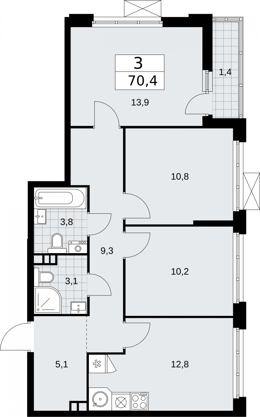 3-комнатная квартира с частичной отделкой, 70.4 м2, 3 этаж, сдача 2 квартал 2026 г., ЖК Бунинские кварталы, корпус 5.1 - объявление 2297195 - фото №1